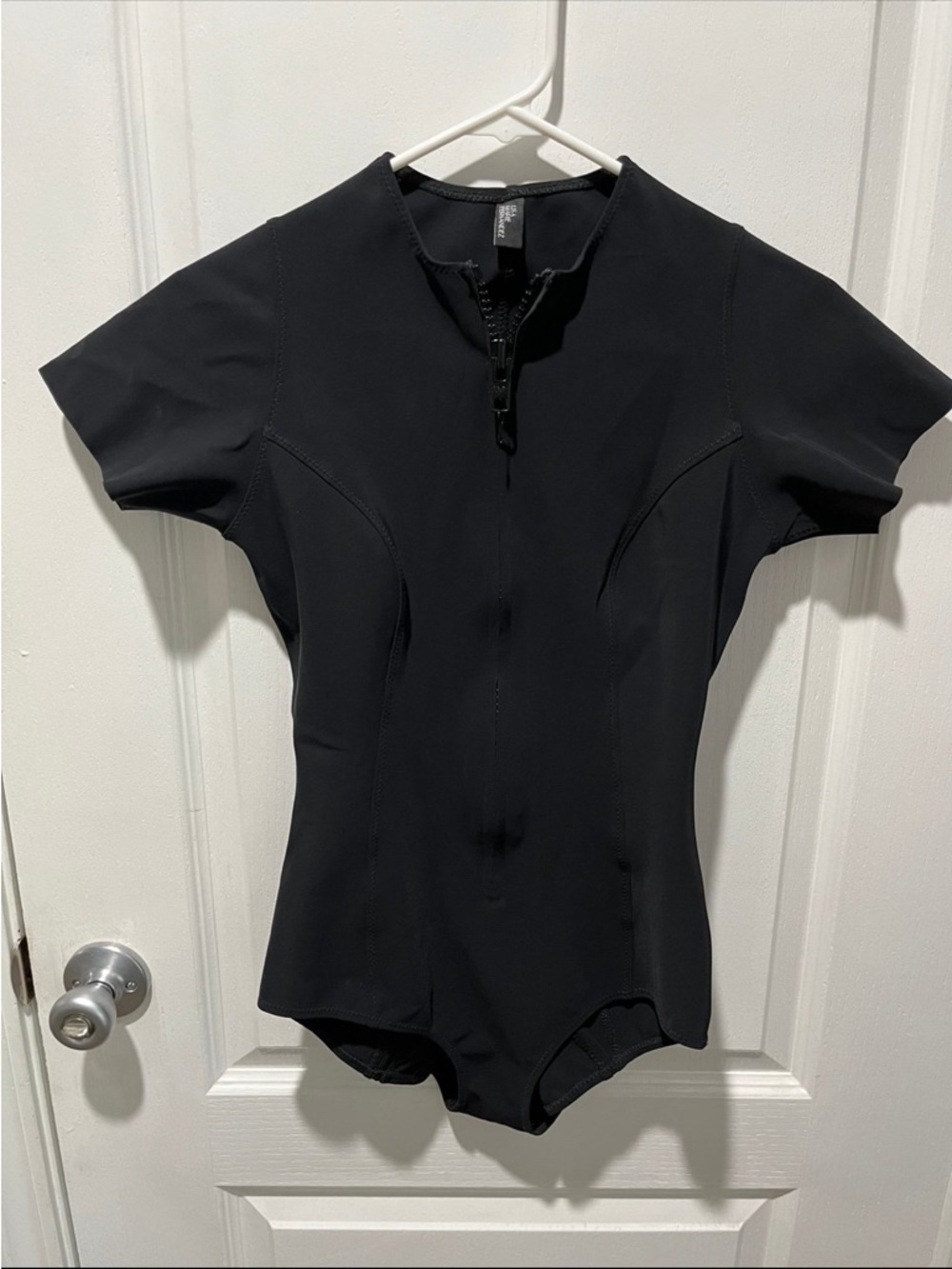 Black Short-Sleeve Zip Front Women's One-Piece Swimsuit
